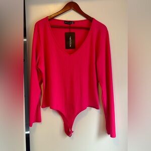 New PrettyLittle Thing Neon Pink Rib long sleeve bodysuit size 16